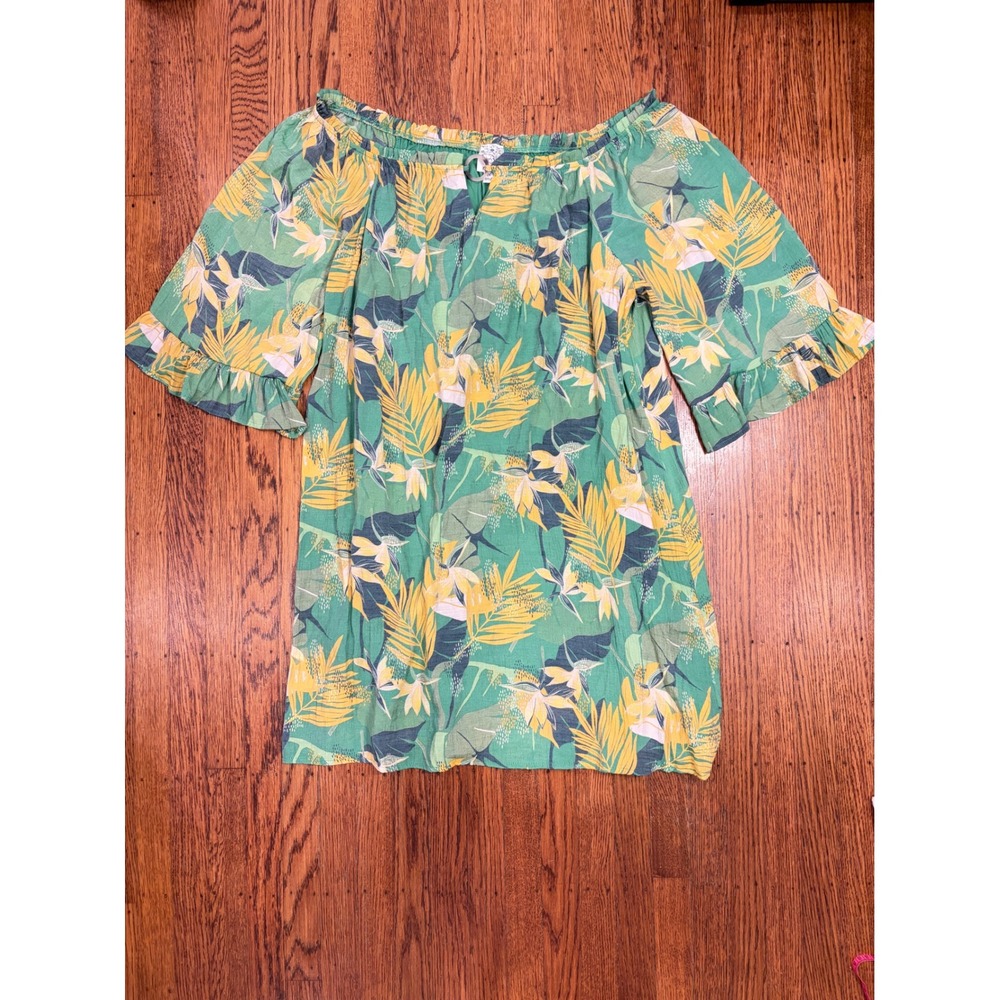 Naif Womens 2X Tropical Floral Off Shoulder Ruffle Sleeve Tunic Top Green Yellow
